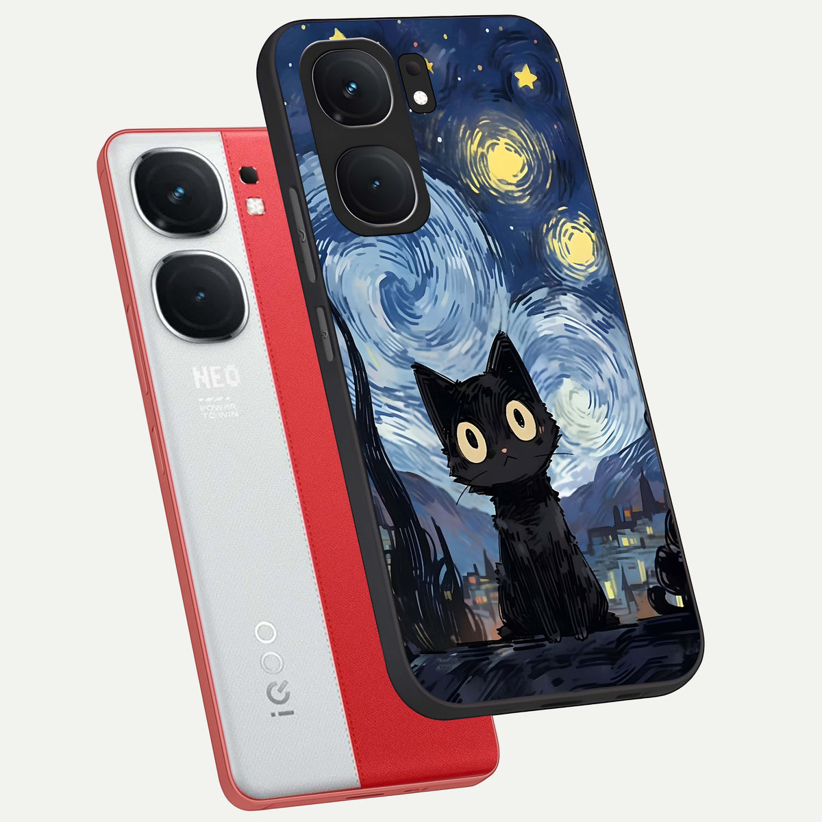  Van Gogh Cat phone case For iQOO Neo 9 Pro showing premium glass back cover with detailed artwork