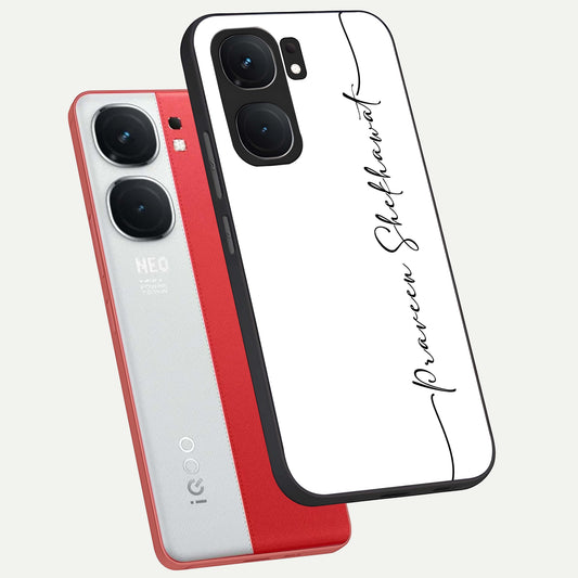  White Tune Custom Name phone case For iQOO Neo 9 Pro showing premium custom name glass back cover