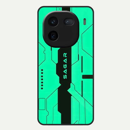  Aqua Tech CYBERPUNK Custom Name Glass Case For iQOO 12 5G back cover – full design glossy printed glass finish