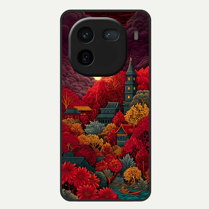  Scarlet Autumn Temple Glass Case For iQOO 12 5G back cover – full design glossy printed glass finish