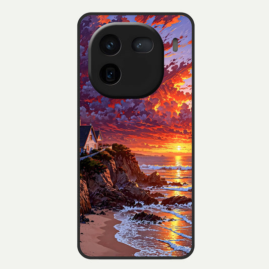  Sunset House By Sea Glass Case For iQOO 12 5G back cover – full design glossy printed glass finish