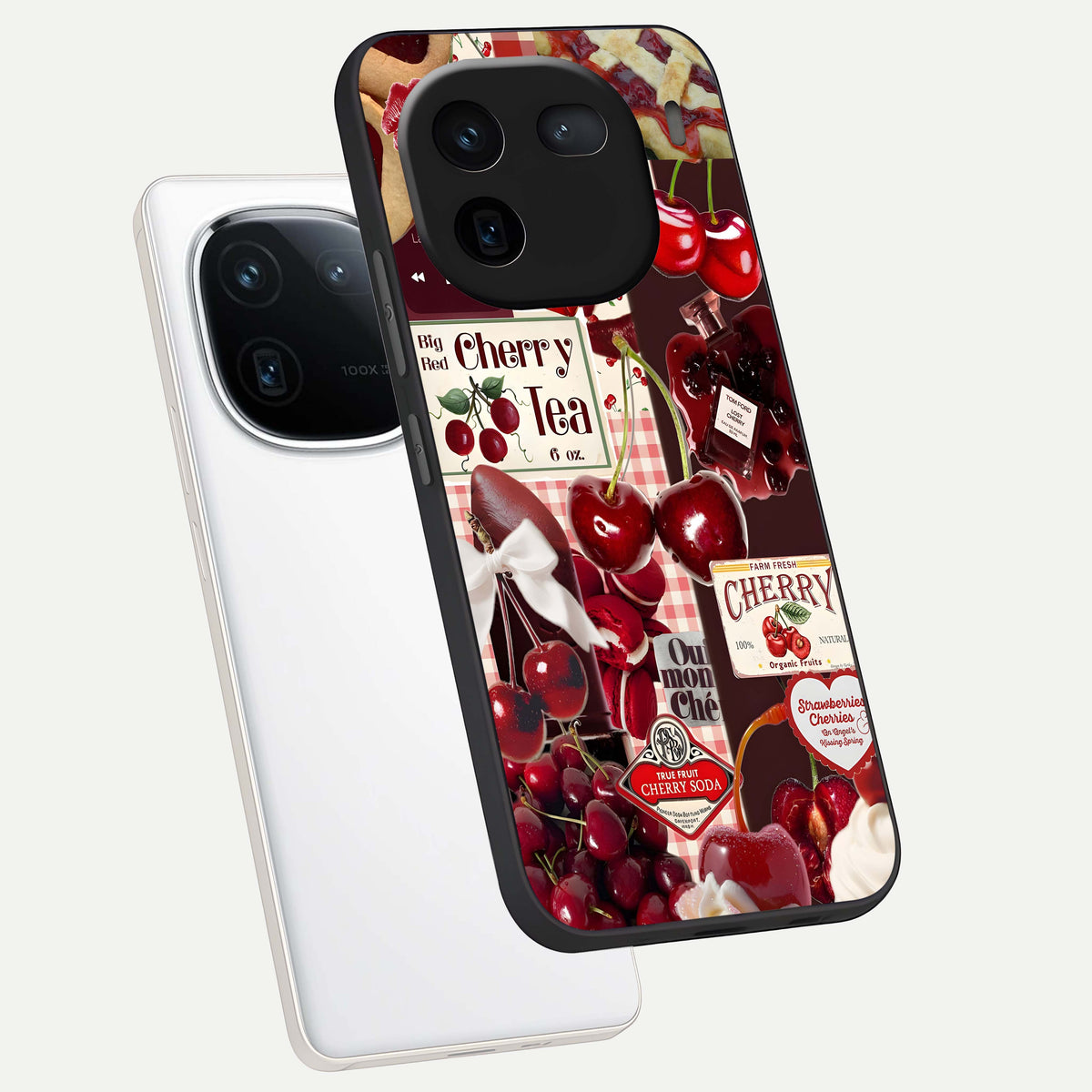  Aesthetic Cherry Tea phone case For iQOO 12 5G showing premium glass back cover with detailed artwork