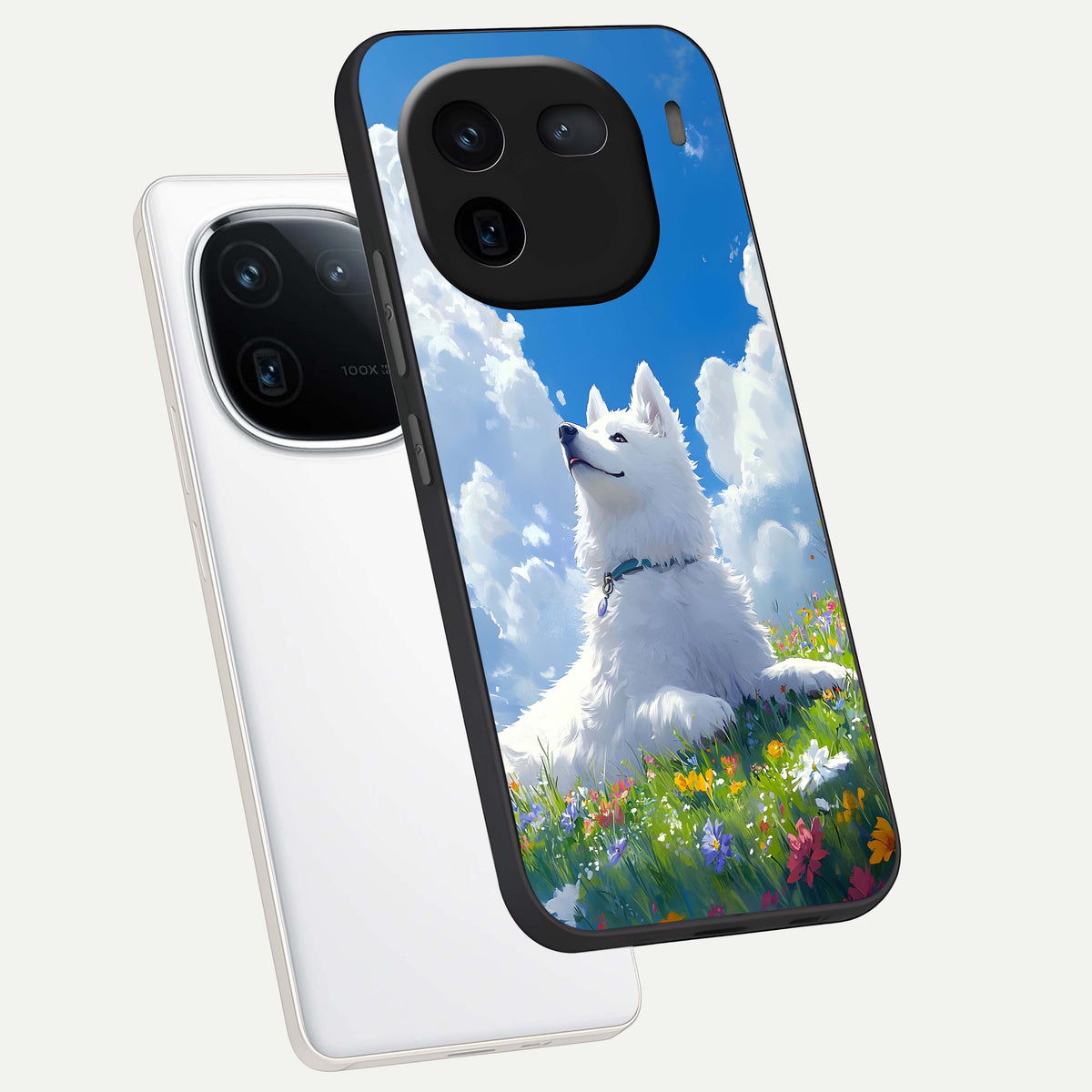  Blissful Cloud Pup phone case For iQOO 12 5G showing premium glass back cover with detailed artwork