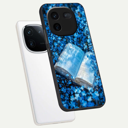  Blue Bloom Tales phone case For iQOO 12 5G showing premium glass back cover with detailed artwork