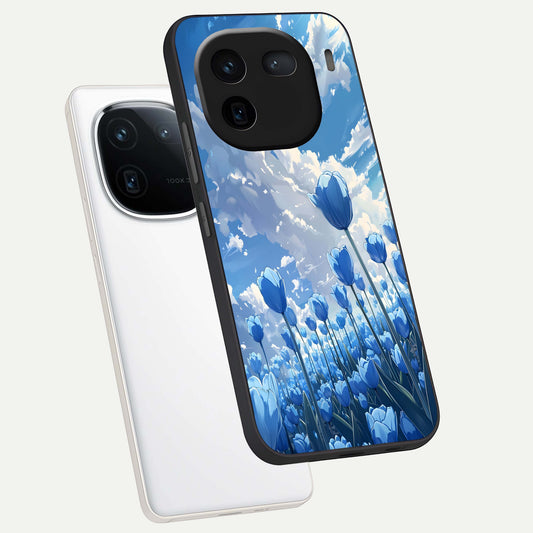  Blue Tulip Clouds phone case For iQOO 12 5G showing premium glass back cover with detailed artwork