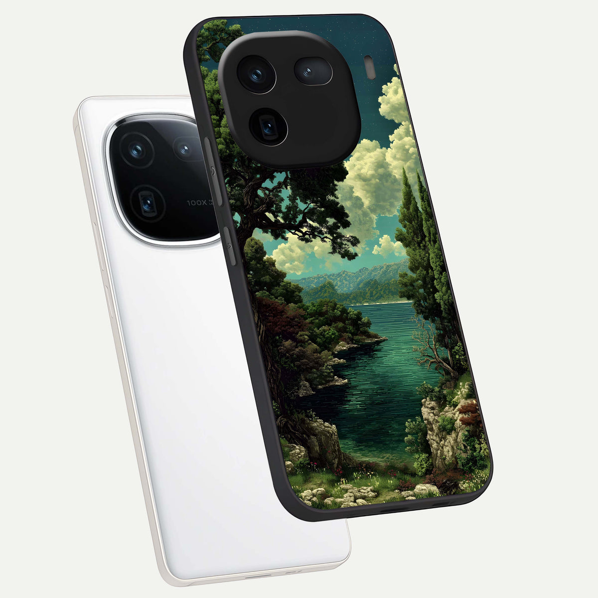  Celestial Lake Peace phone case For iQOO 12 5G showing premium glass back cover with detailed artwork