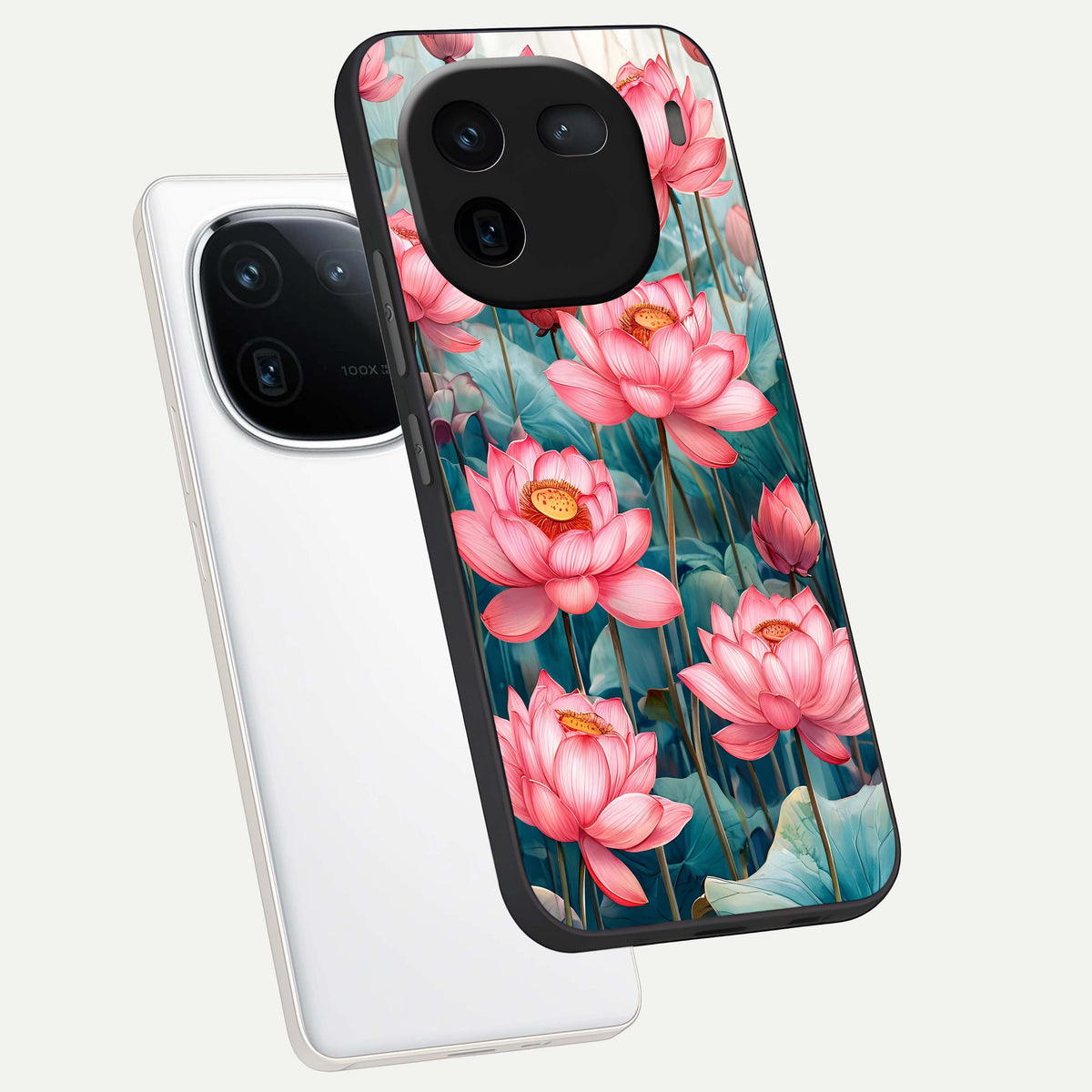  Celestial Pink Lotus phone case For iQOO 12 5G showing premium glass back cover with detailed artwork