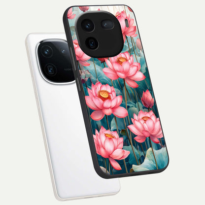  Celestial Pink Lotus phone case For iQOO 12 5G showing premium glass back cover with detailed artwork