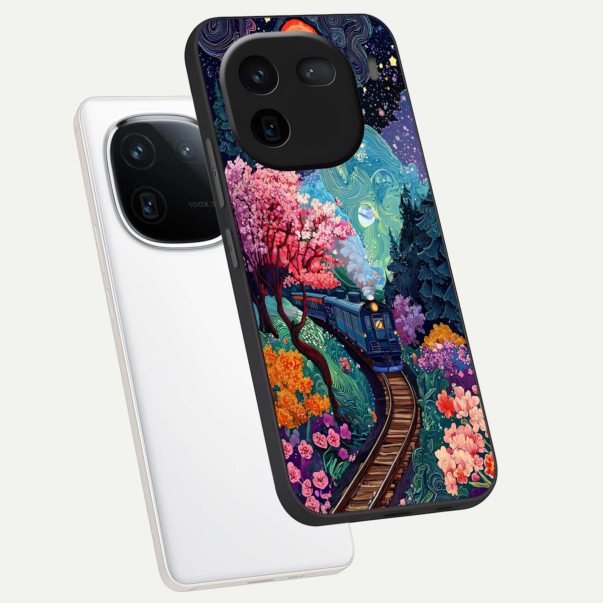  Celestial Train Journey phone case For iQOO 12 5G showing premium glass back cover with detailed artwork