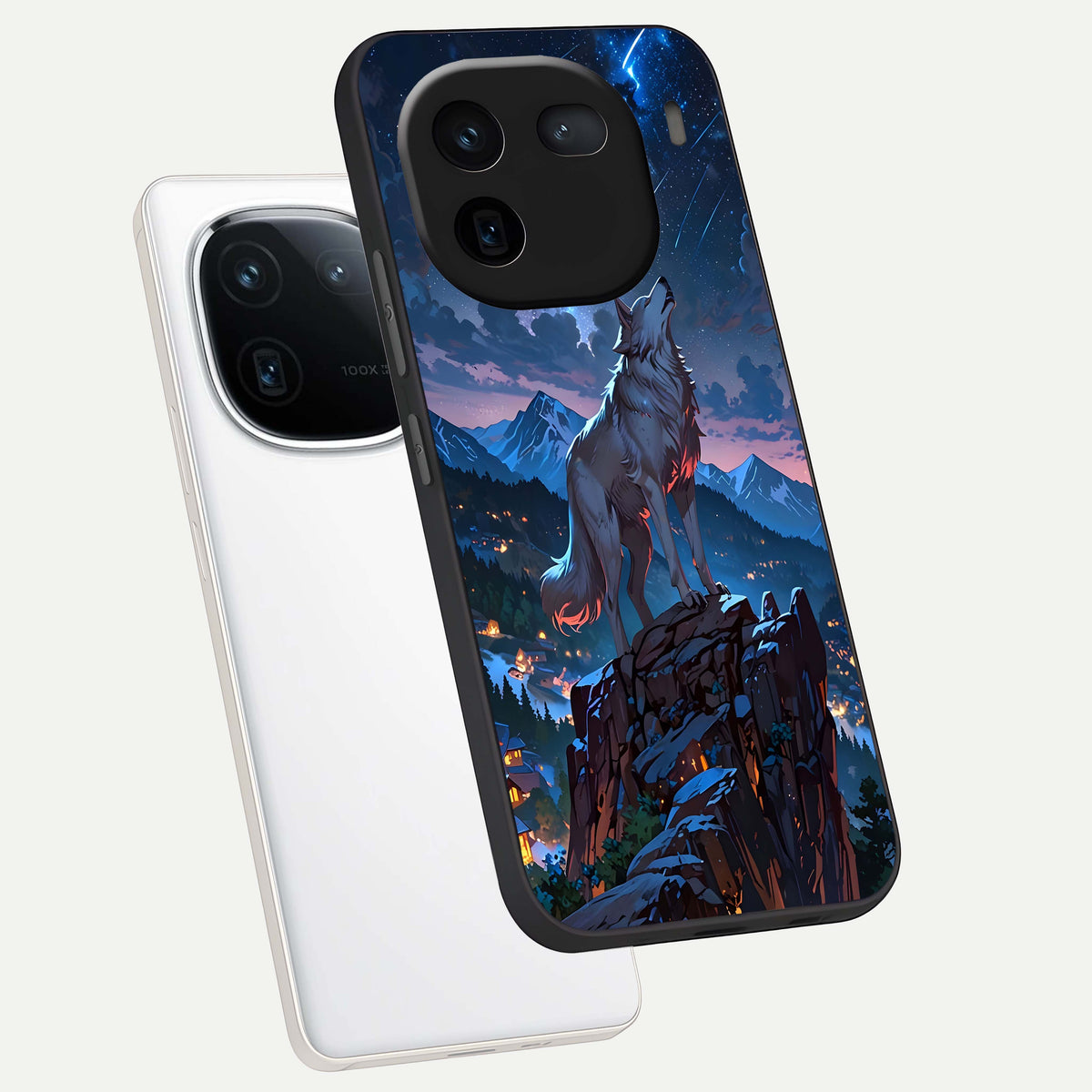  Celestial Wolf Howl phone case For iQOO 12 5G showing premium glass back cover with detailed artwork