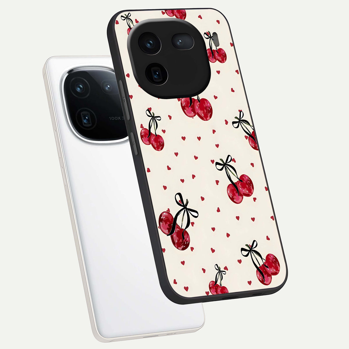  Cherry Heart Bow phone case For iQOO 12 5G showing premium glass back cover with detailed artwork
