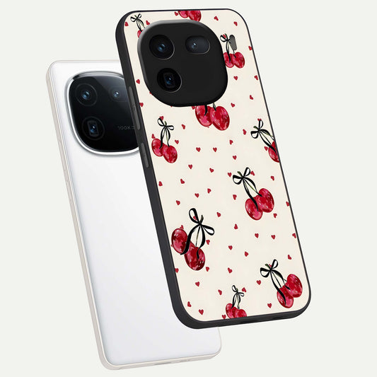  Cherry Heart Bow phone case For iQOO 12 5G showing premium glass back cover with detailed artwork