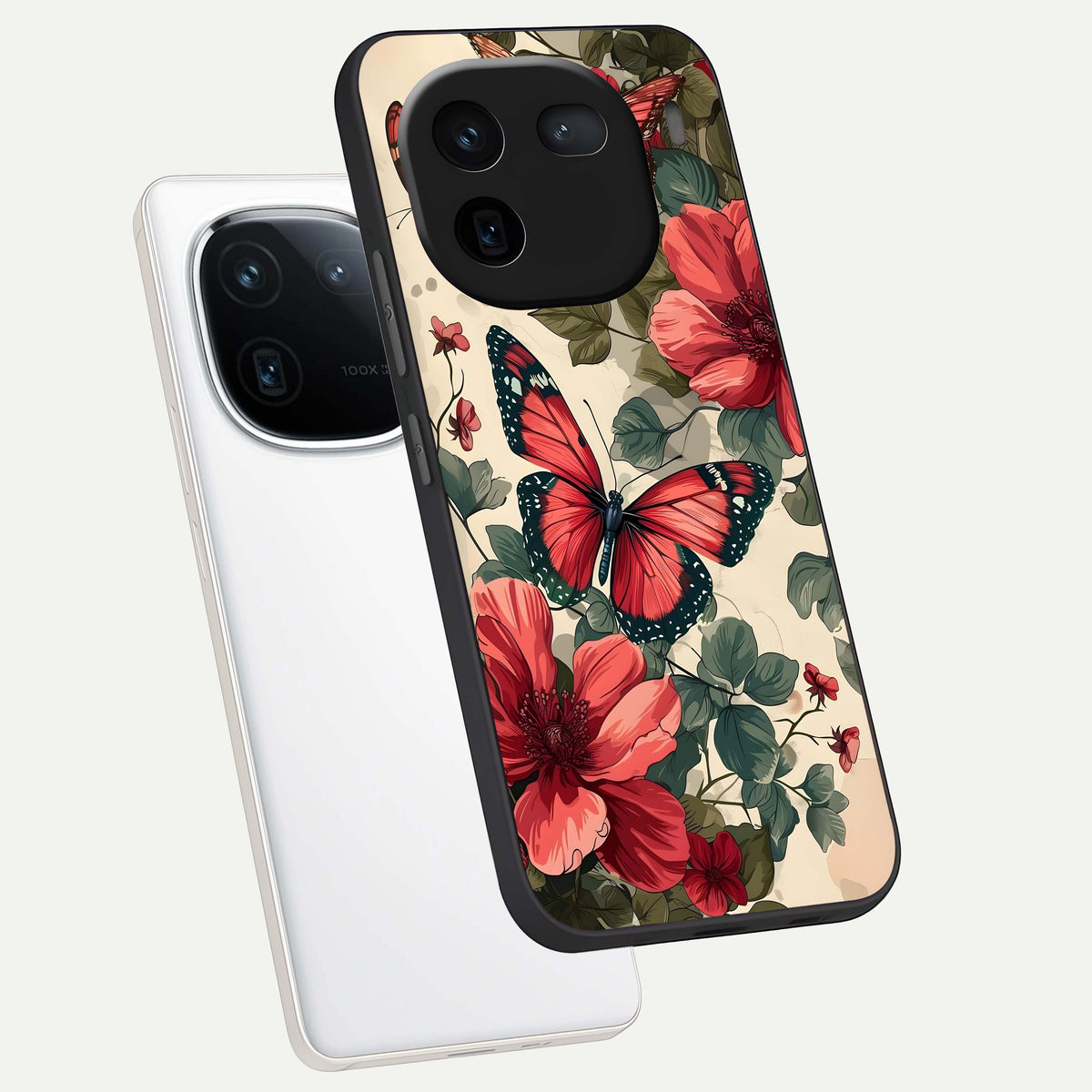  Crimson Butterfly Garden phone case For iQOO 12 5G showing premium glass back cover with detailed artwork