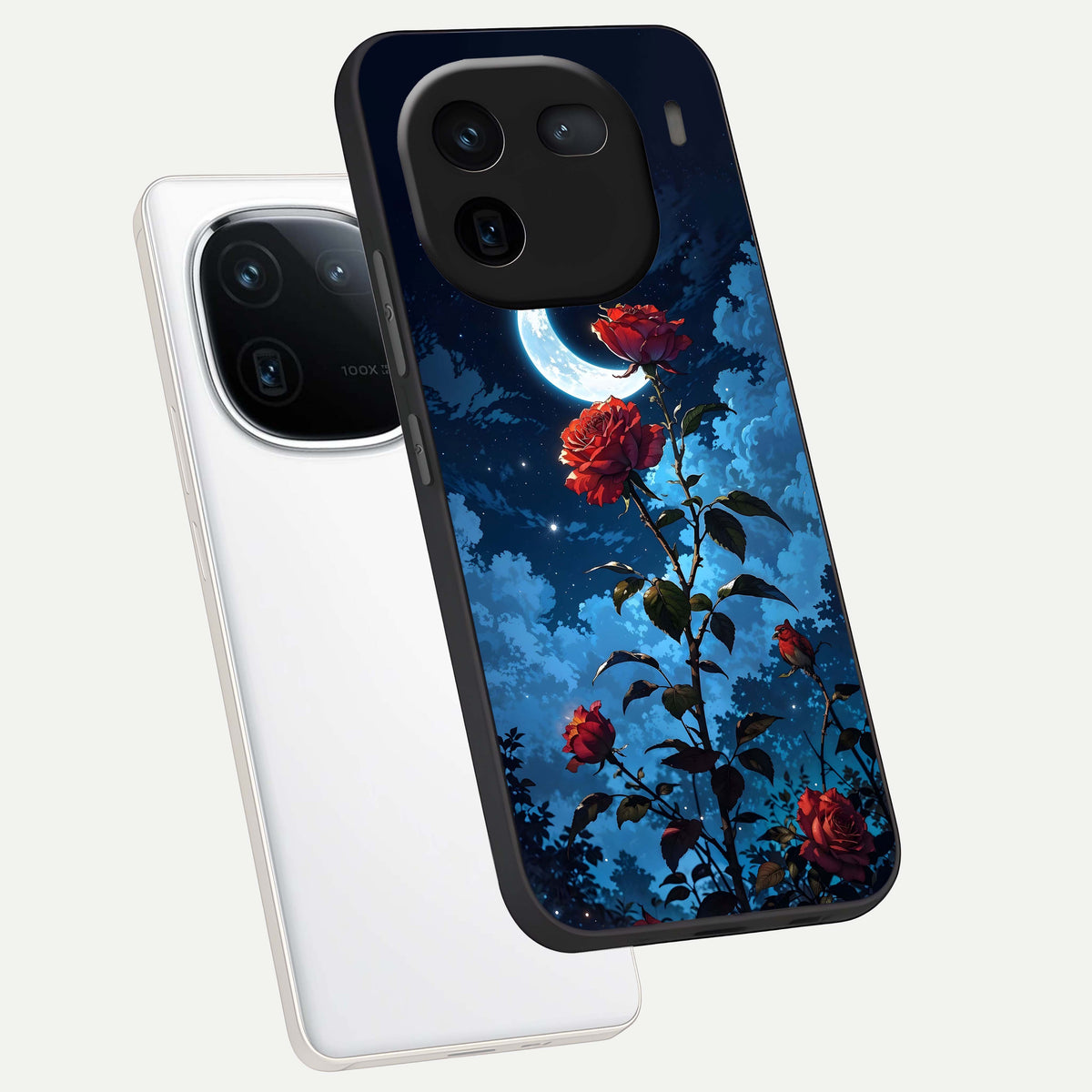  Crimson Rose Moon phone case For iQOO 12 5G showing premium glass back cover with detailed artwork