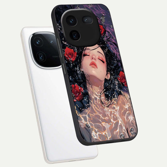  Crimson Rose Serenity phone case For iQOO 12 5G showing premium glass back cover with detailed artwork