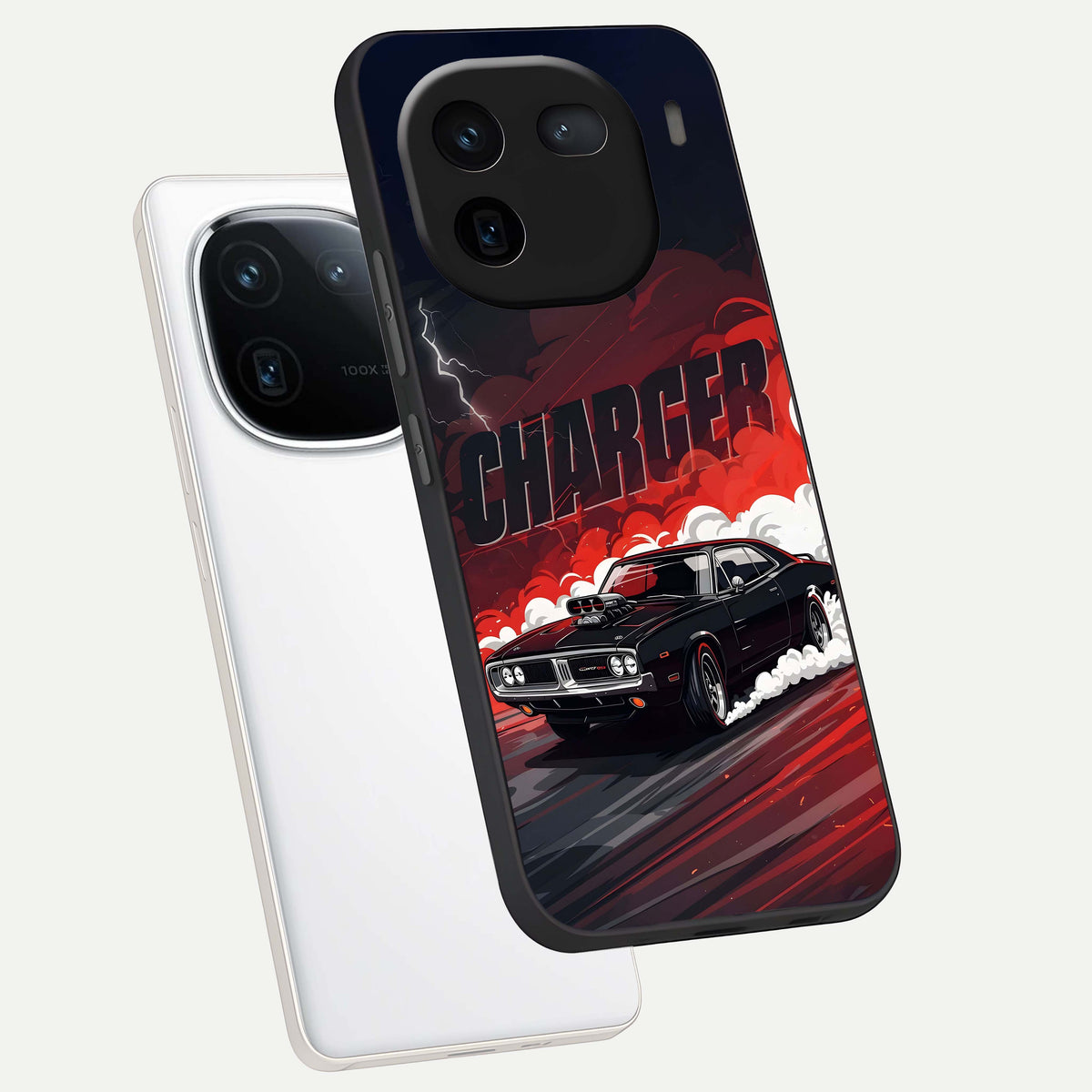  Dark Charger Fury phone case For iQOO 12 5G showing premium glass back cover with detailed artwork