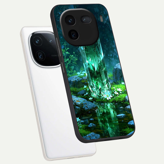  Emerald Light Crystal phone case For iQOO 12 5G showing premium glass back cover with detailed artwork