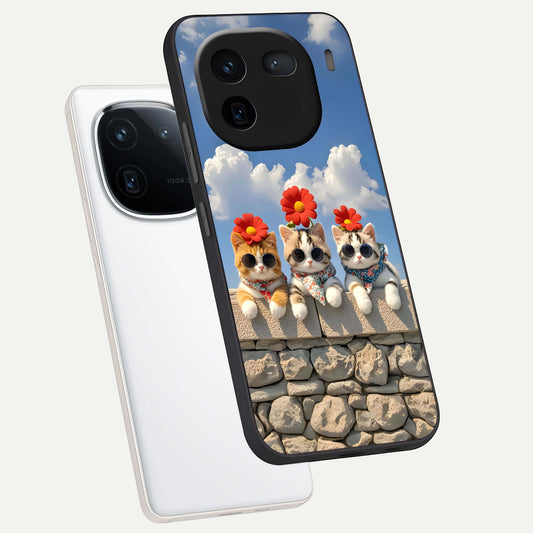  Floral Kitty Squad phone case For iQOO 12 5G showing premium glass back cover with detailed artwork