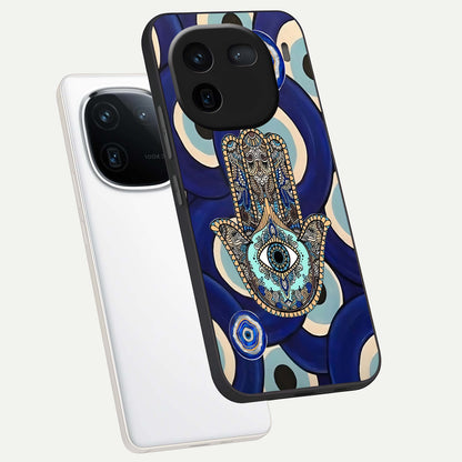  Hamsa Divine Guard phone case For iQOO 12 5G showing premium glass back cover with detailed artwork
