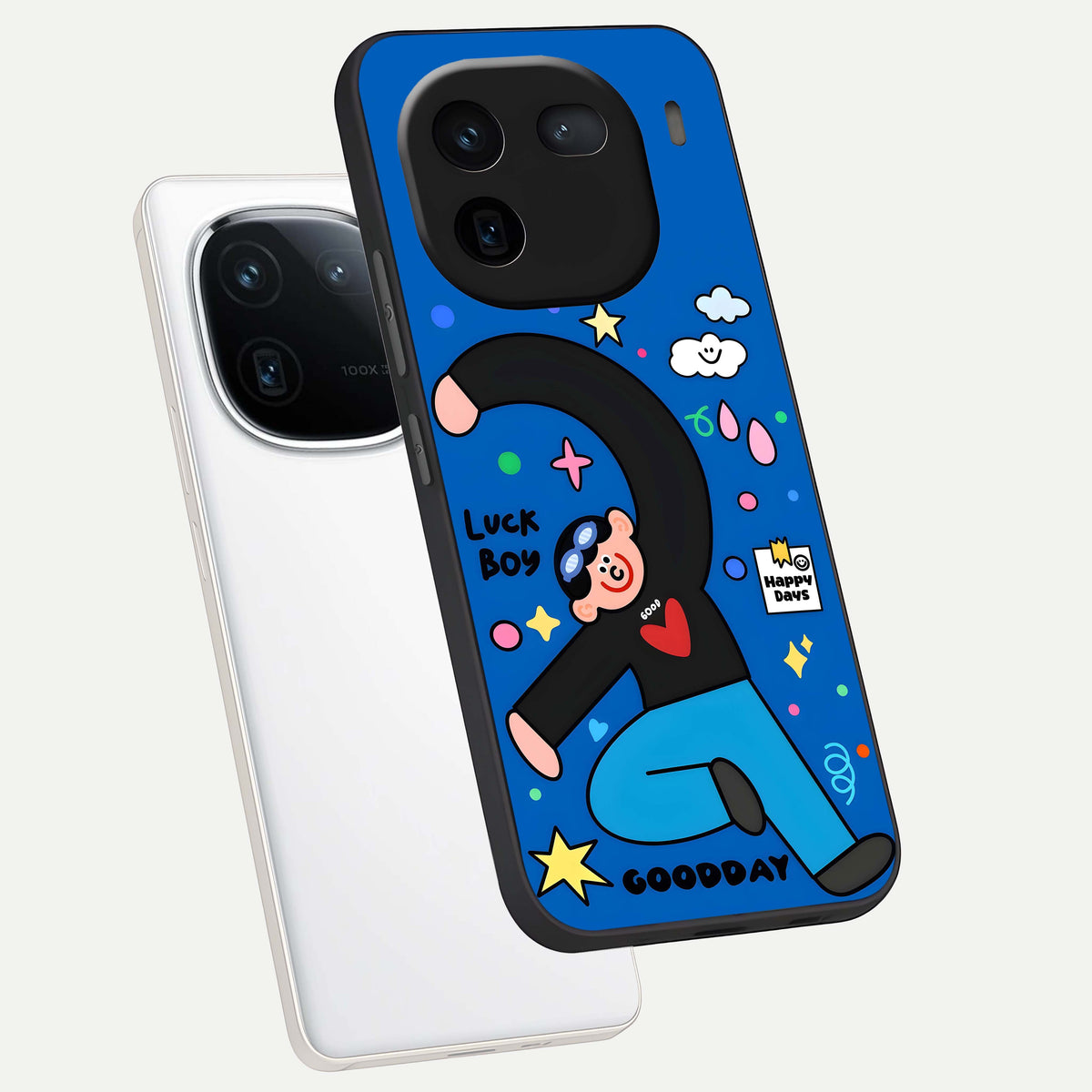  Happy Luck Vibe phone case For iQOO 12 5G showing premium glass back cover with detailed artwork