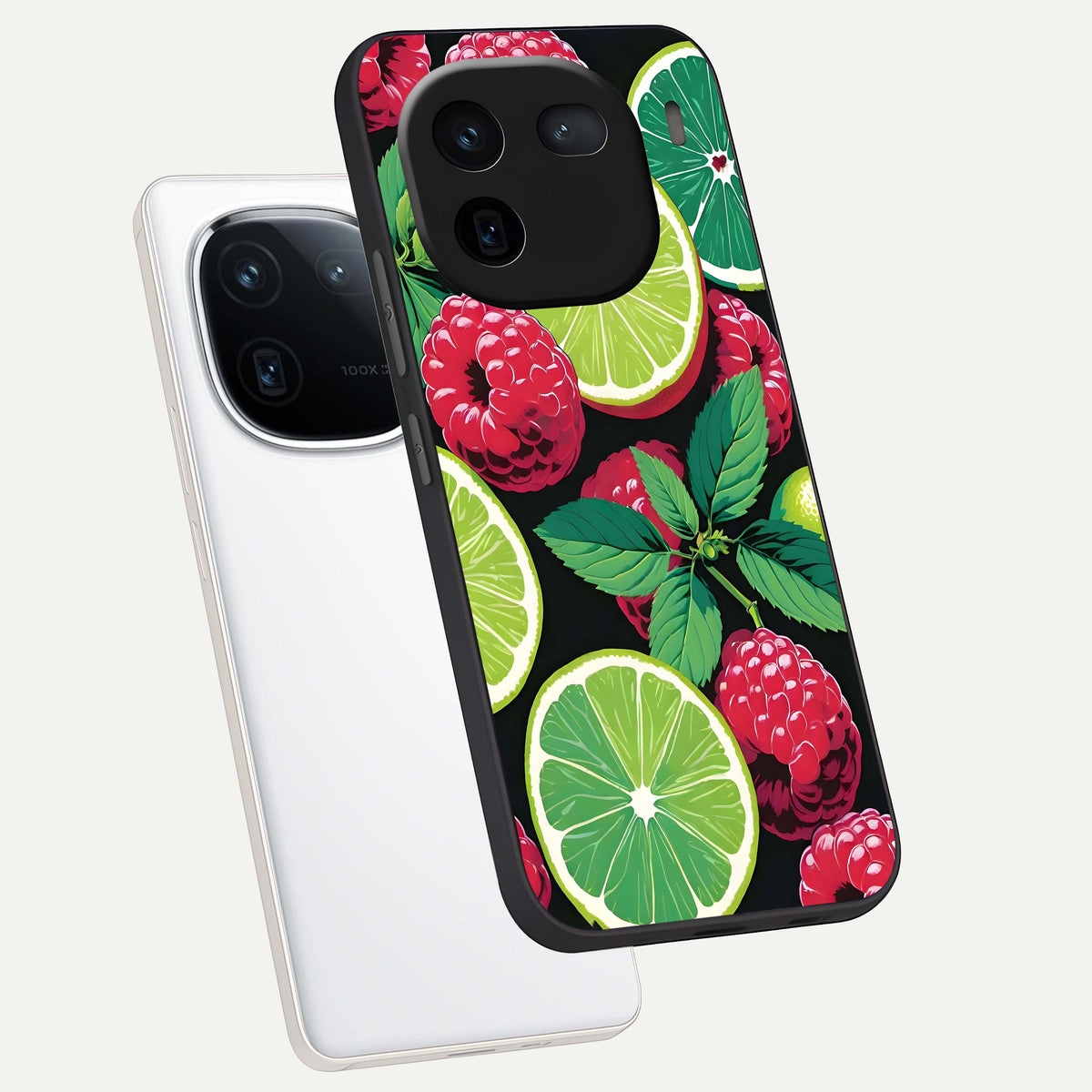  Lime and Raspberry Pattern phone case For iQOO 12 5G showing premium glass back cover with detailed artwork