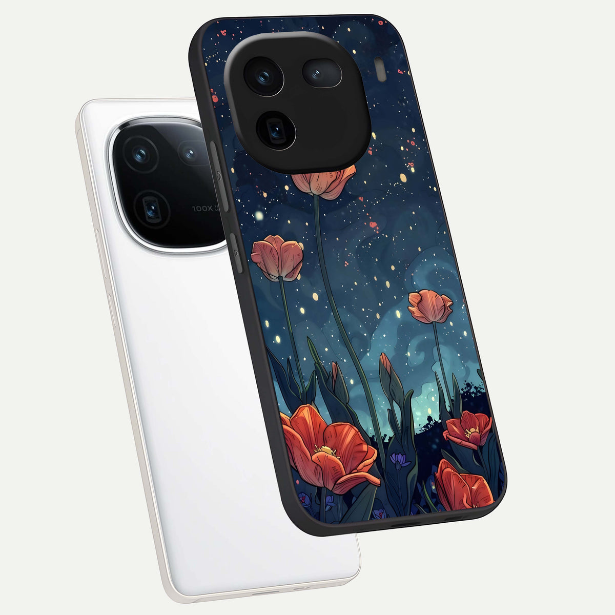  Midnight Tulip Glow phone case For iQOO 12 5G showing premium glass back cover with detailed artwork