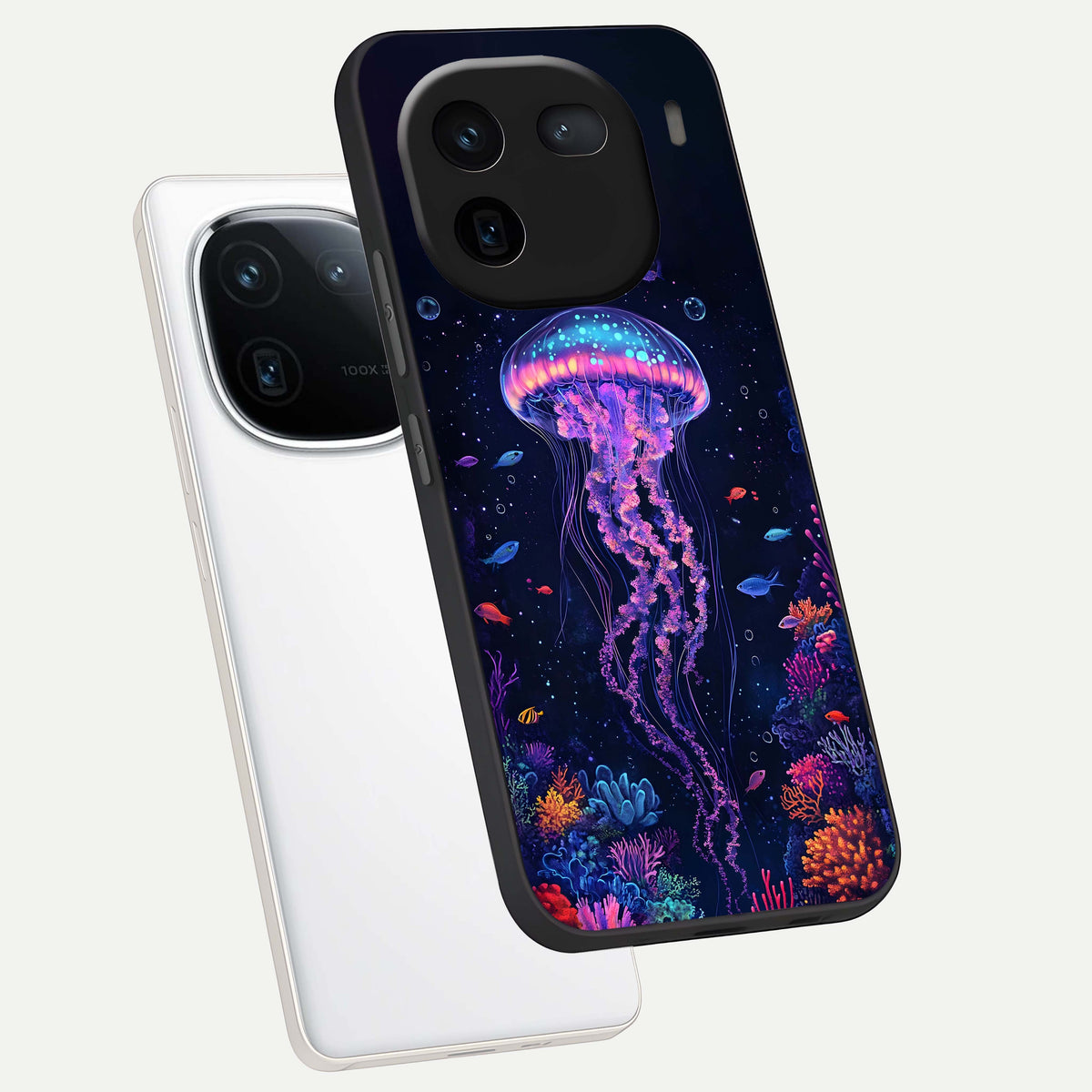  Neon Jellyfish phone case For iQOO 12 5G showing premium glass back cover with detailed artwork