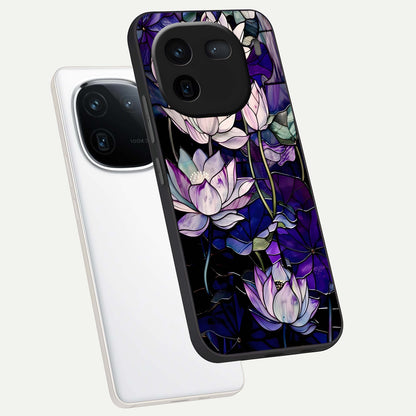  Purple Lotus Pattern phone case For iQOO 12 5G showing premium glass back cover with detailed artwork