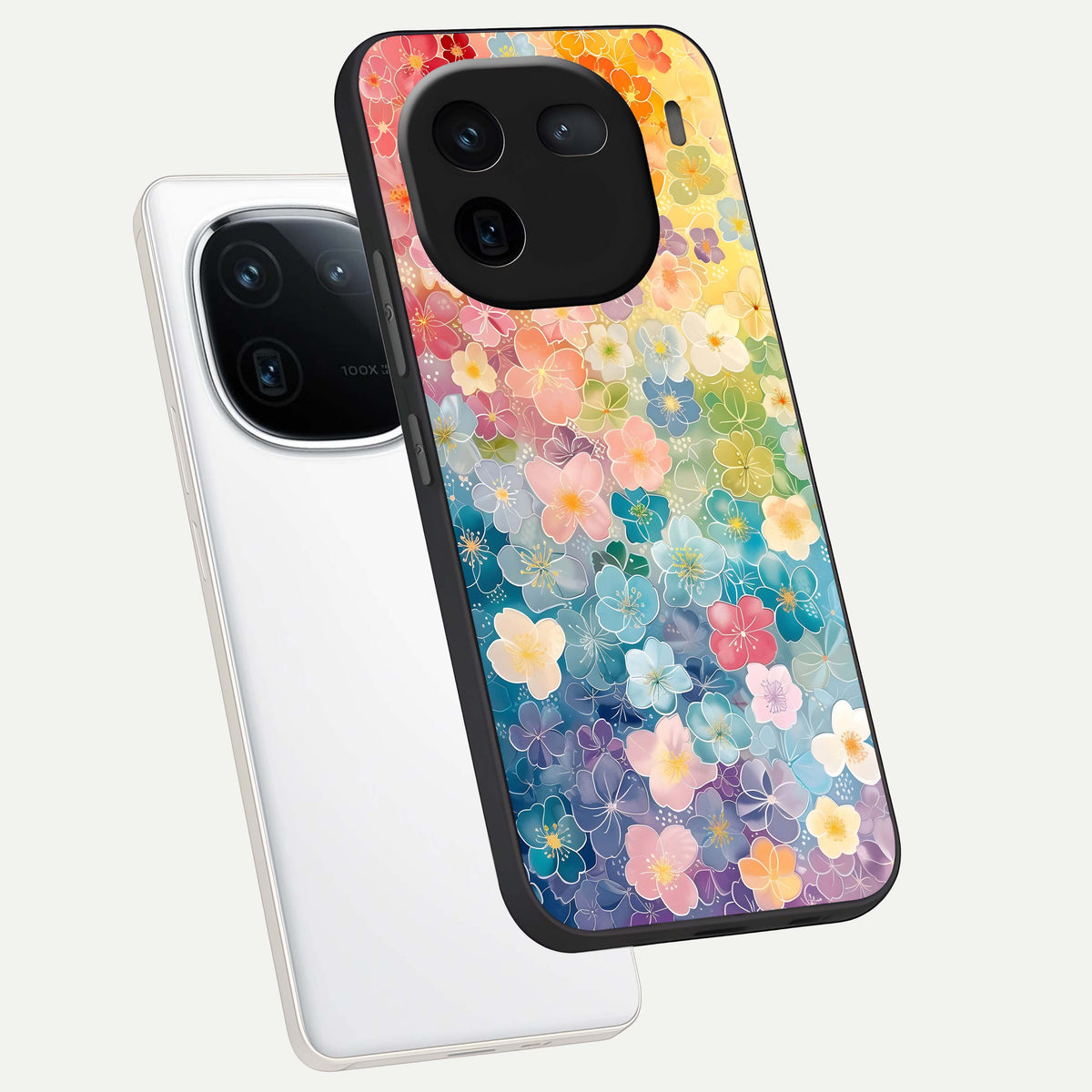  Rainbow Blossom Burst phone case For iQOO 12 5G showing premium glass back cover with detailed artwork