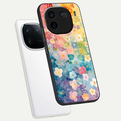  Rainbow Blossom Burst phone case For iQOO 12 5G showing premium glass back cover with detailed artwork