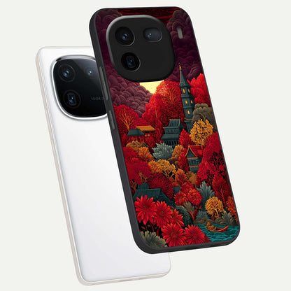  Scarlet Autumn Temple phone case For iQOO 12 5G showing premium glass back cover with detailed artwork
