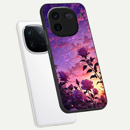  Starlit Rose Twilight phone case For iQOO 12 5G showing premium glass back cover with detailed artwork