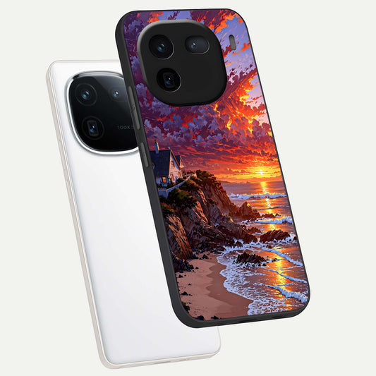  Sunset House By Sea phone case For iQOO 12 5G showing premium glass back cover with detailed artwork