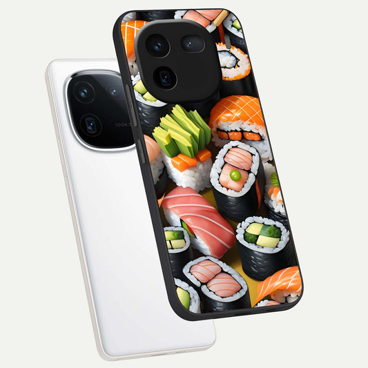  Sushi Food Pattern phone case For iQOO 12 5G showing premium glass back cover with detailed artwork