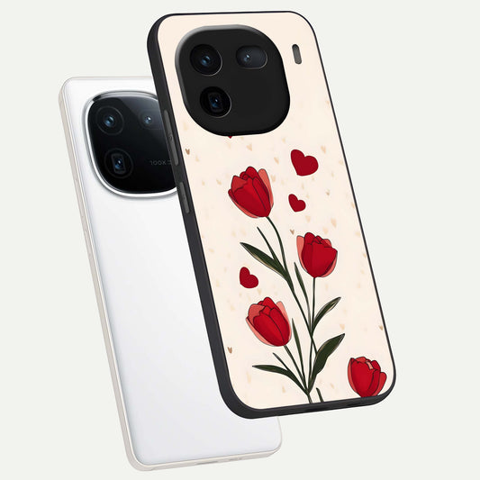  Tulip With Heart phone case For iQOO 12 5G showing premium glass back cover with detailed artwork
