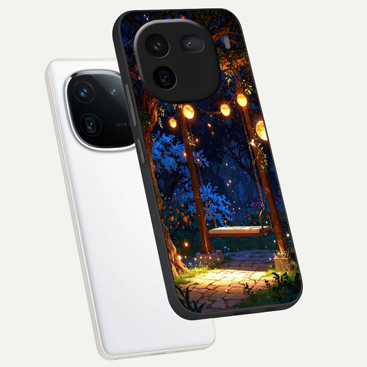  Twilight Garden Swing phone case For iQOO 12 5G showing premium glass back cover with detailed artwork