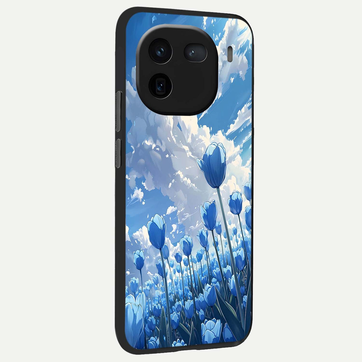  Blue Tulip Clouds back cover For iQOO 12 5G slim fit glass case with vibrant aesthetic design