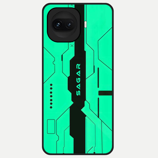  Aqua Tech CYBERPUNK Custom Name Glass Case for iQOO 15R back cover – full design glossy printed glass finish