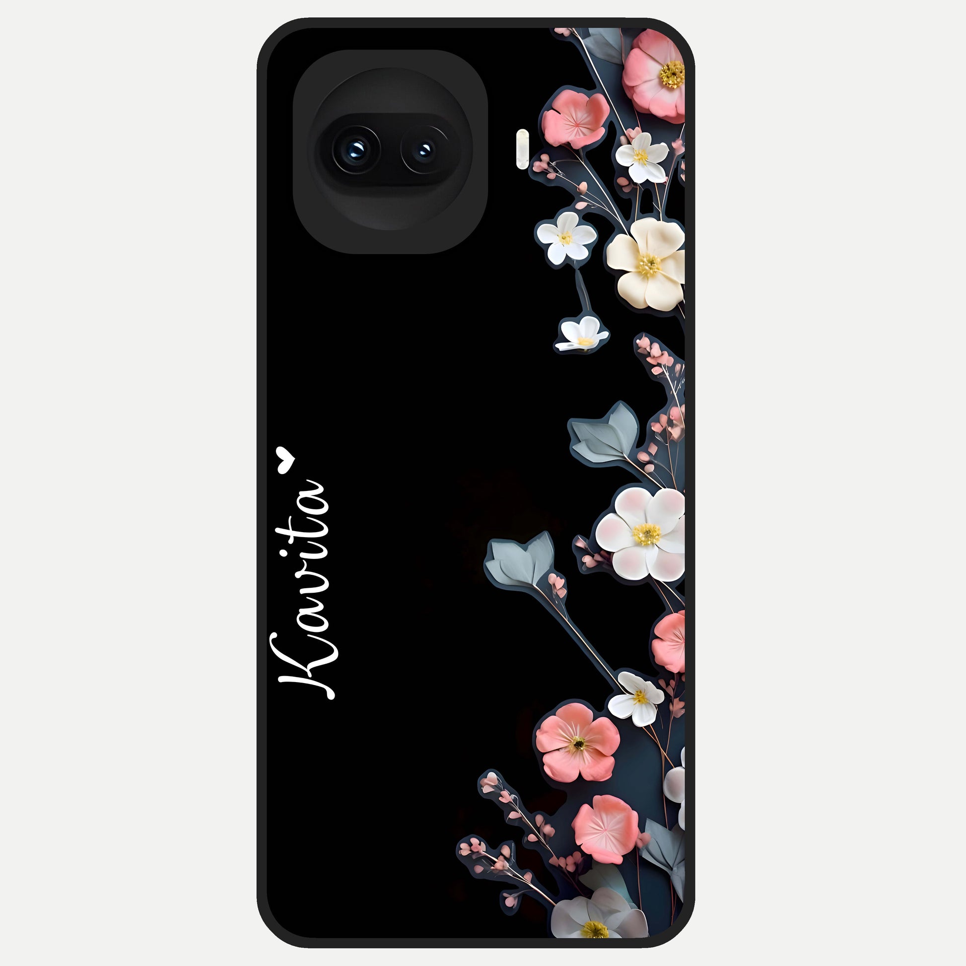  Black Elegance Floral Custom Name Glass Case for iQOO 15R back cover – full design glossy printed glass finish
