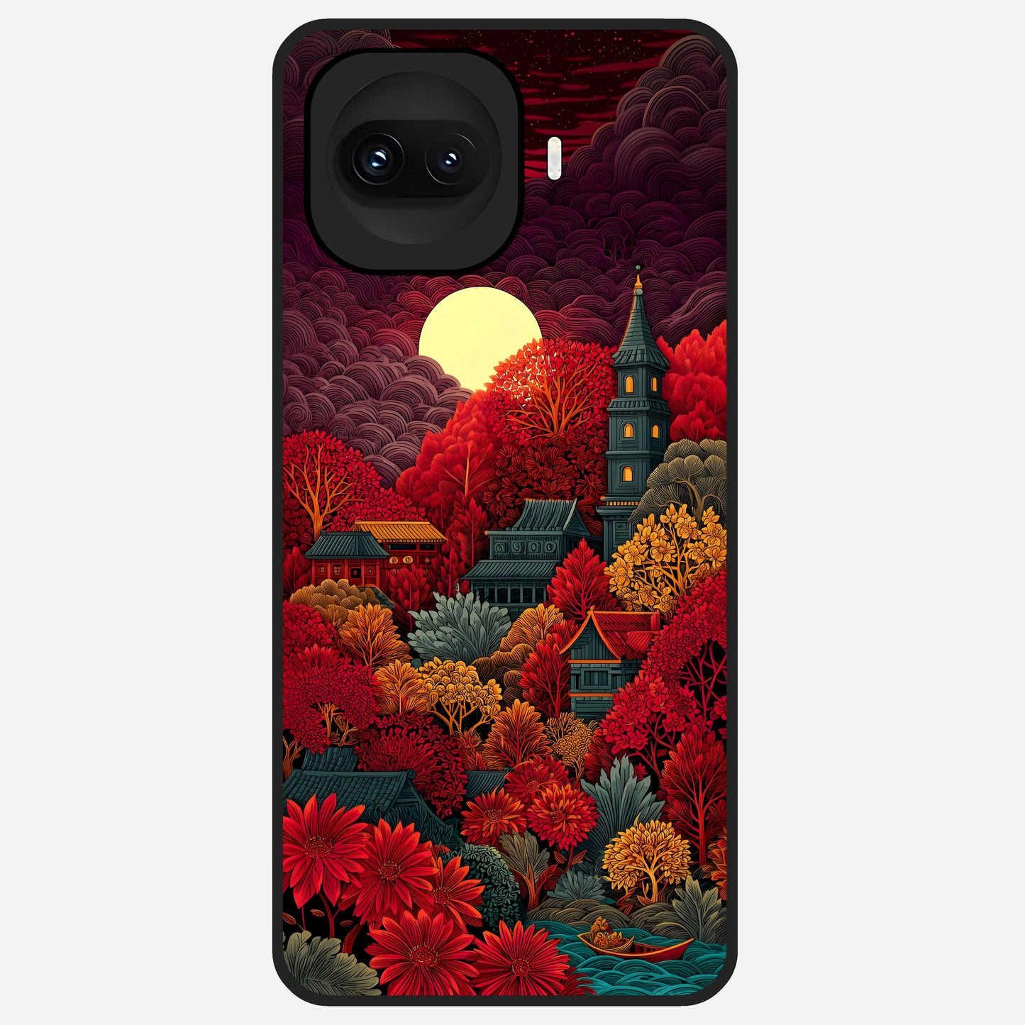  Scarlet Autumn Temple Glass Case for iQOO 15R back cover – full design glossy printed glass finish