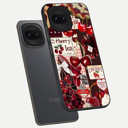  Aesthetic Cherry Tea phone case for iQOO 15R showing premium glass back cover with detailed artwork