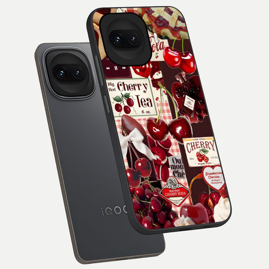  Aesthetic Cherry Tea phone case for iQOO 15R showing premium glass back cover with detailed artwork