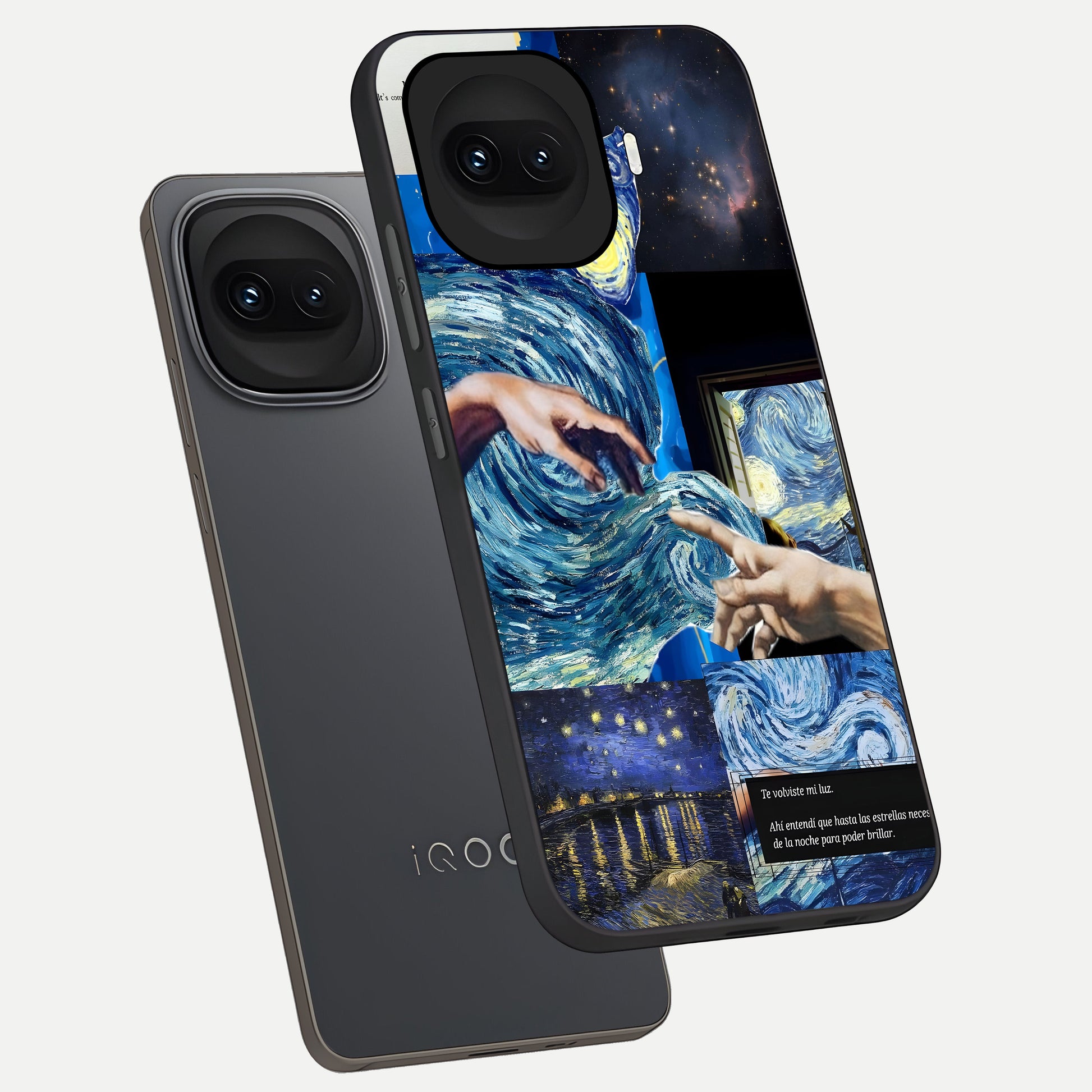 Aesthetic Vando Hands phone case for iQOO 15R showing premium glass back cover with detailed artwork