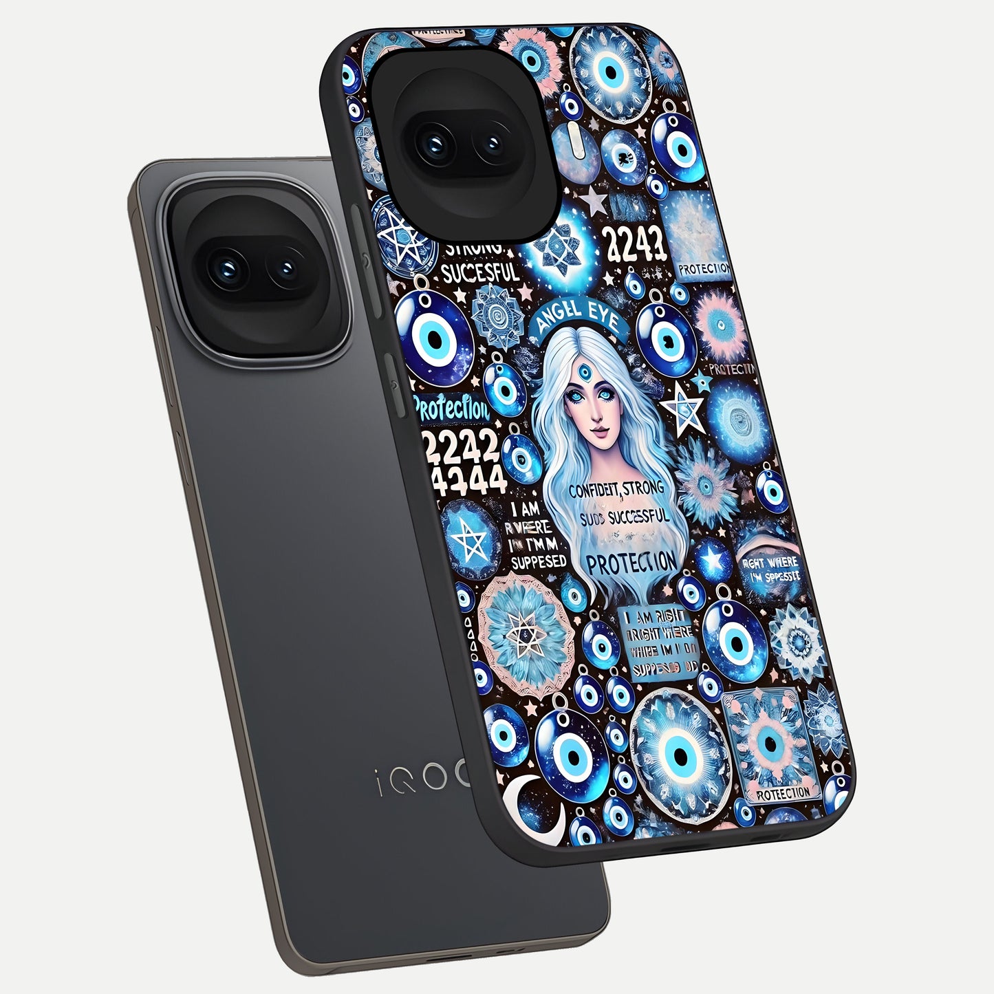  Angel Aura Shield phone case for iQOO 15R showing premium glass back cover with detailed artwork