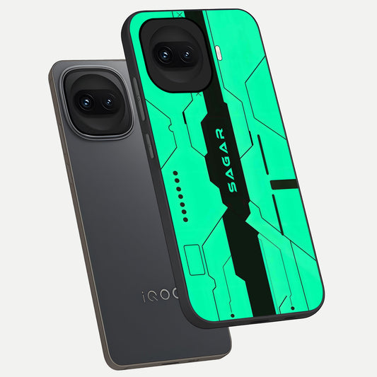  Aqua Tech CYBERPUNK Custom Name phone case for iQOO 15R showing premium glass back cover with detailed artwork