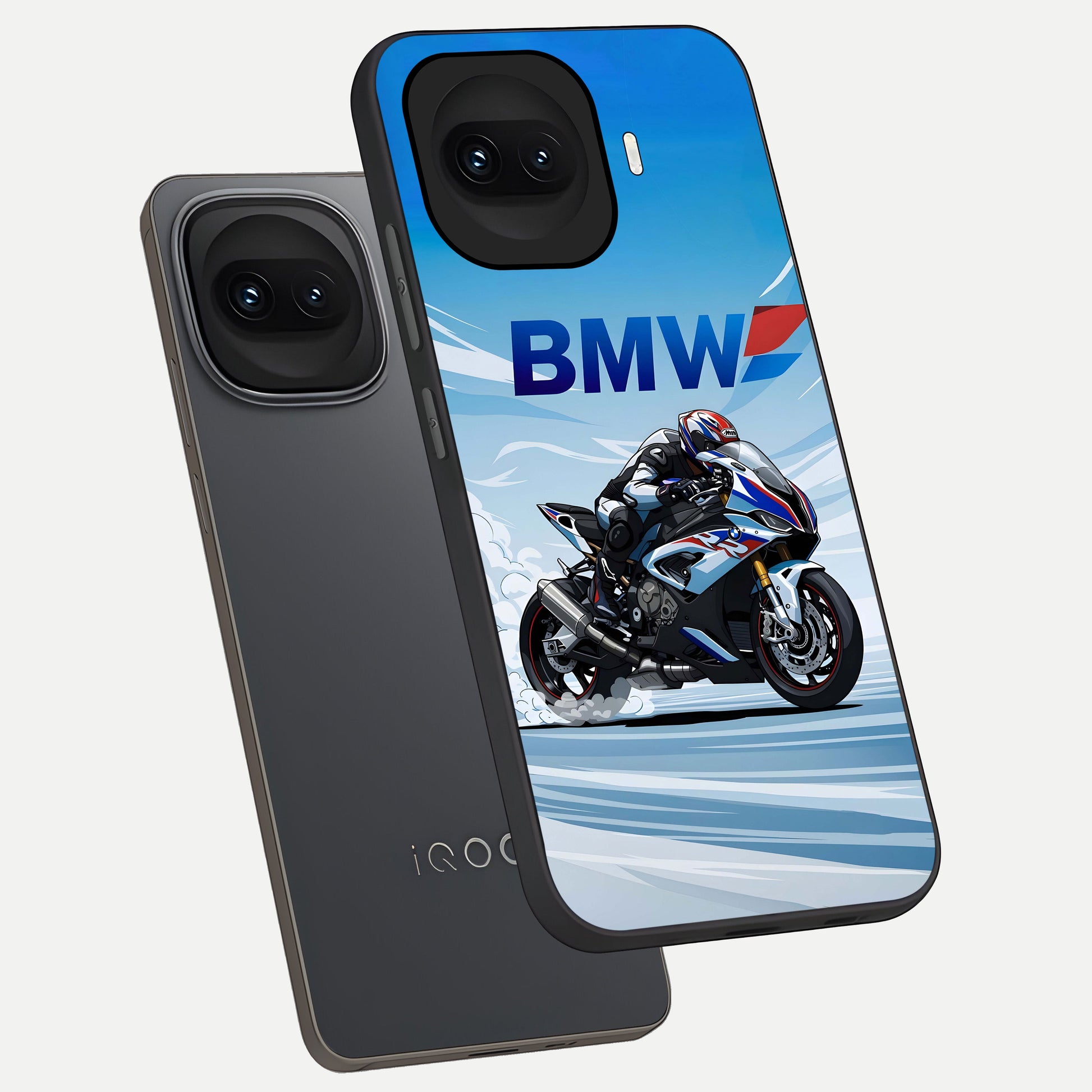  BMW Power Drift phone case for iQOO 15R showing premium glass back cover with detailed artwork
