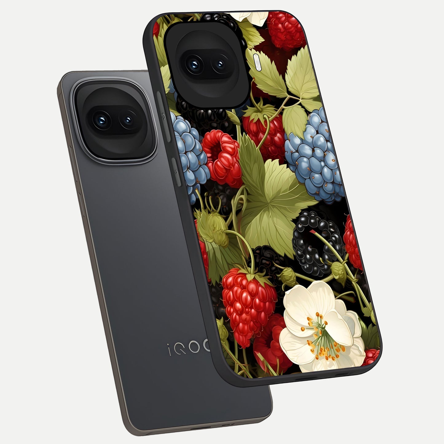  Berry Bloom Charm phone case for iQOO 15R showing premium glass back cover with detailed artwork