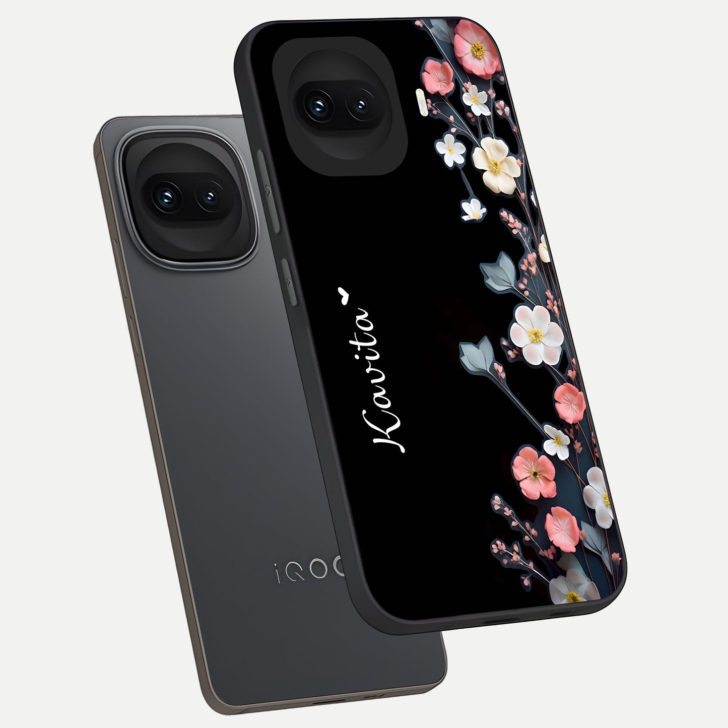  Black Elegance Floral Custom Name phone case for iQOO 15R showing premium glass back cover with detailed artwork