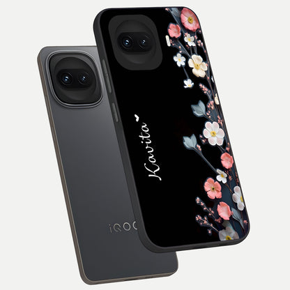  Black Elegance Floral Custom Name phone case for iQOO 15R showing premium glass back cover with detailed artwork
