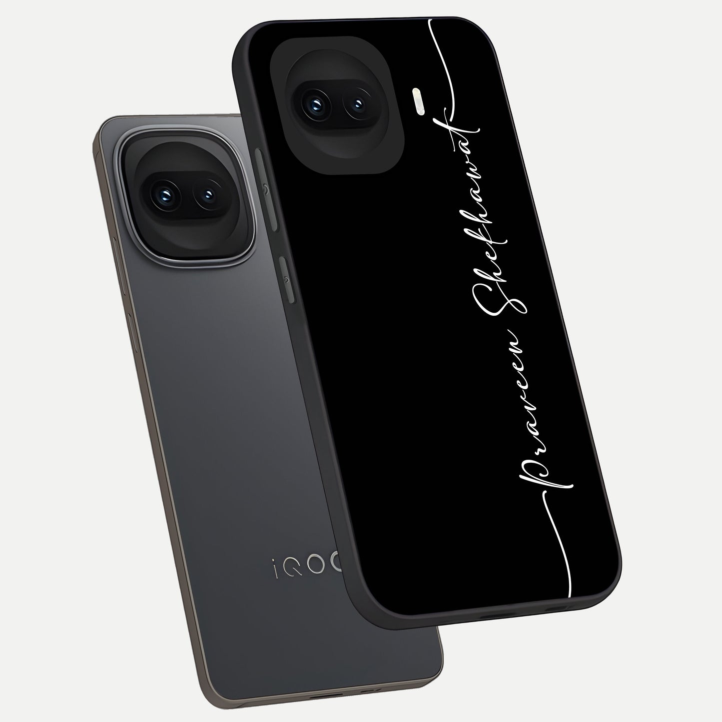  Black Tune Custom Name phone case for iQOO 15R showing premium glass back cover with detailed artwork
